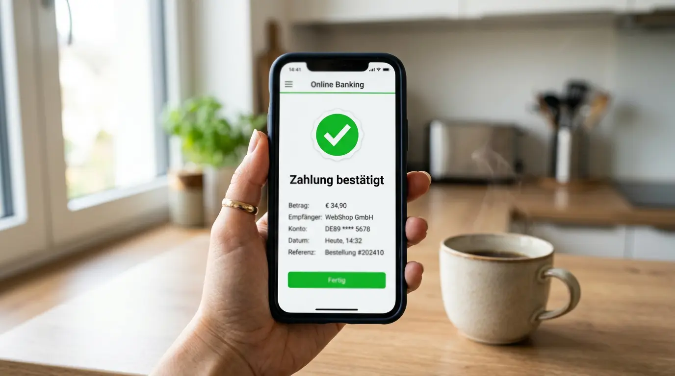 Online-Banking auf einem Smartphone mit EPS-Zahlungsbestätigung für eine Sportwetten-Einzahlung