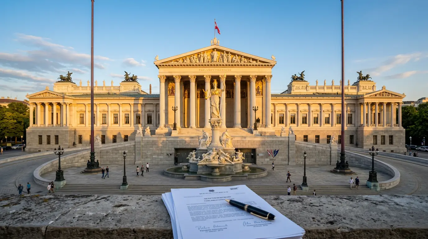 Österreichisches Parlamentsgebäude in Wien mit Dokumenten zur Glücksspielreform im Vordergrund