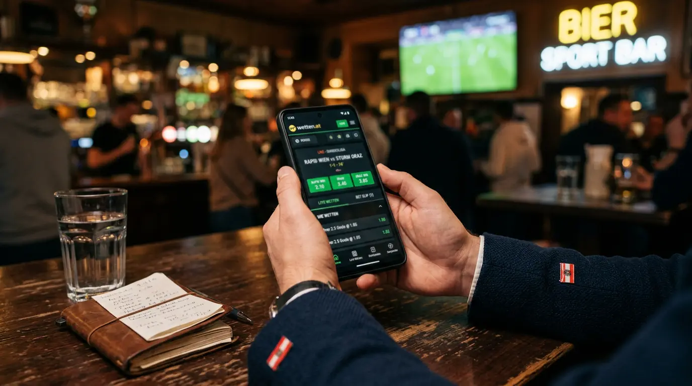 Sportwetten-Analyse auf einem Smartphone mit Live-Quoten und Spielübersicht in einem österreichischen Kontext