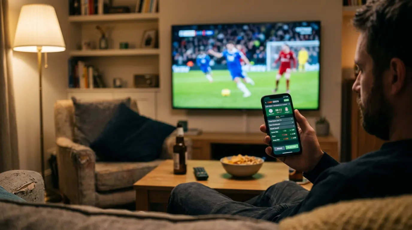 Person verfolgt ein Fußballspiel und platziert eine Livewette auf dem Smartphone